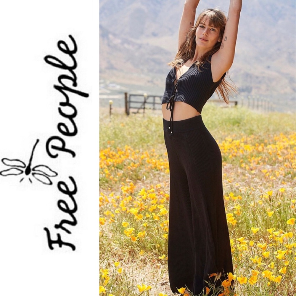 NEW FREE PEOPLE Black Rib Knit Set Open Lace-up Crop Top & Flowy Wide Leg Pants